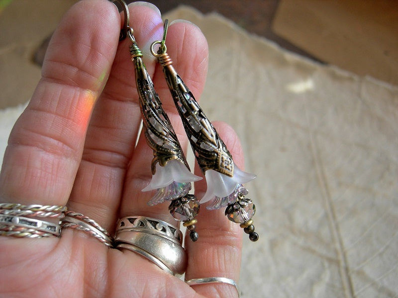 Faery couture Ice Queen flower earrings with doubled resin flowers, iridescent crystal beads & antiqued bronze details.