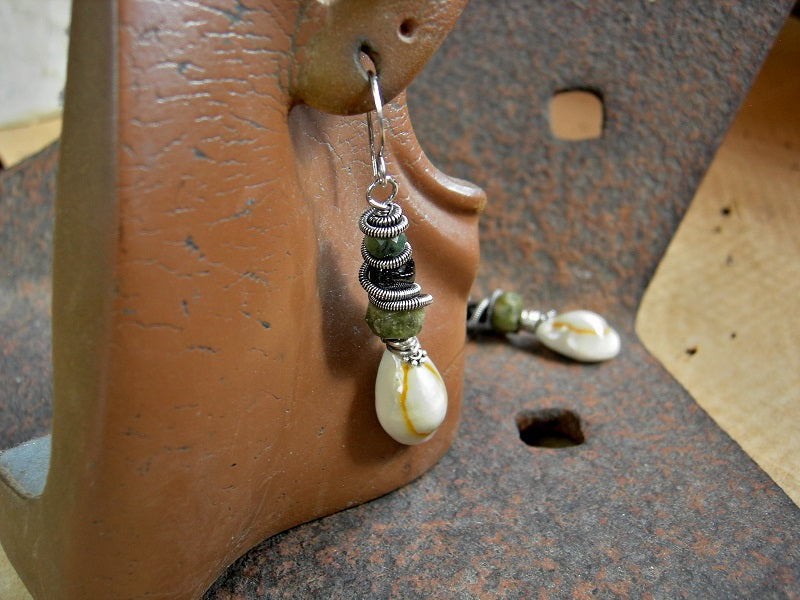 Cowrie shell earrings with green gemstone & oxidized sterling wire wrap & ear wires. 