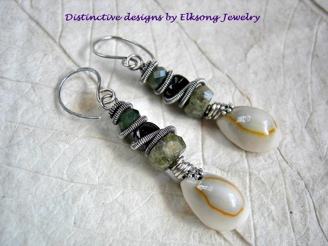 Cowrie shell earrings with green & black gemstone & oxidized sterling wire wrap & ear wires. 