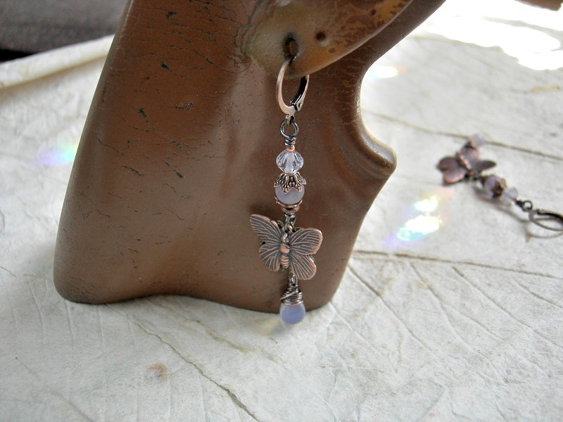 Pale lilac & copper butterfly earrings with frosted amethyst, vintage glass beads & opal glass teardrops. 