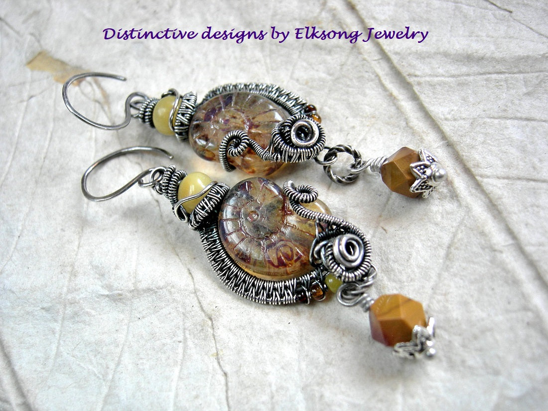 Amber & sterling wire wrap nautilus earrings with Czech glass beads, Baltic amber & mookaite. Handmade sterling ear wires. 
