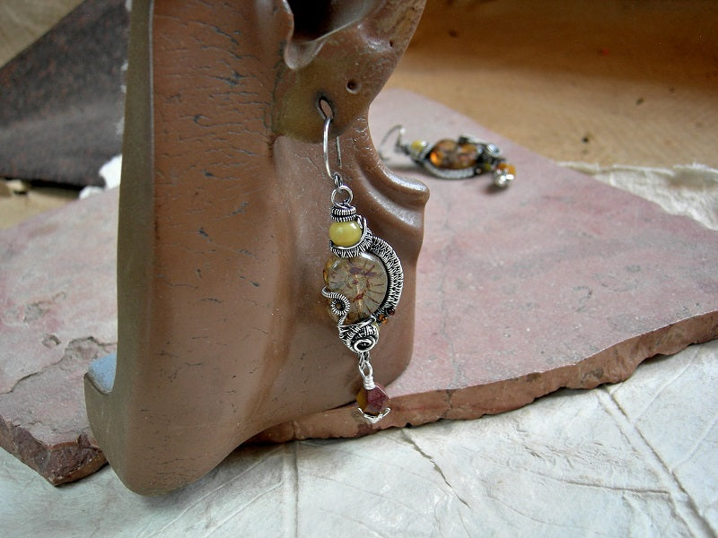 Amber & sterling wire wrap nautilus earrings with Czech glass beads, Baltic amber & mookaite. Handmade sterling ear wires. 