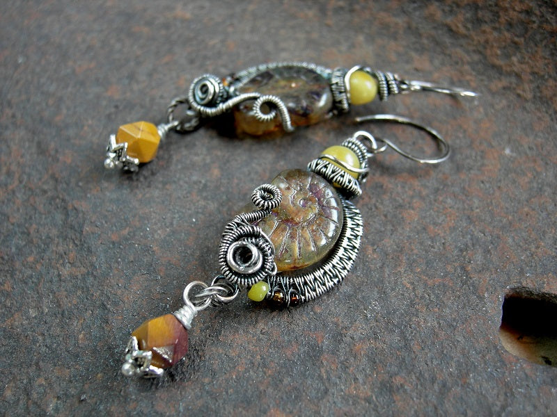 Dramatic boho sterling wire wrap nautilus earrings with Czech glass beads, Baltic amber & mookaite. Handmade sterling ear wires. 