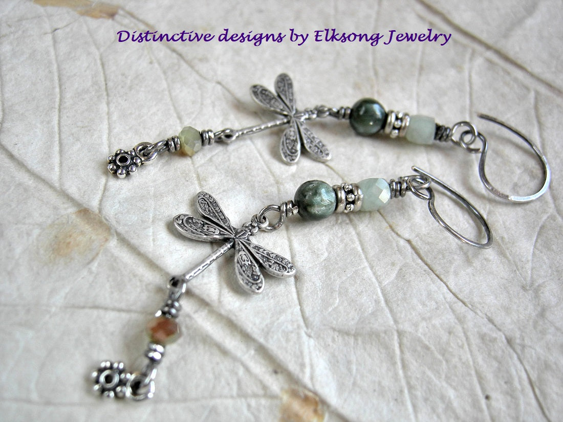 Misty green & silver dragonfly earrings with  smooth & faceted gemstone and crystal beads, handmade sterling ear wires. 