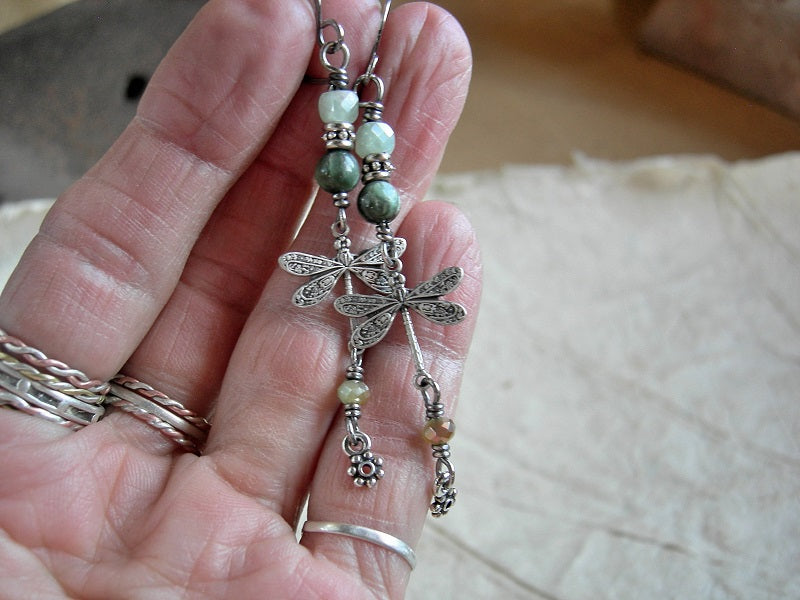 Boho elegant green & silver dragonfly earrings with  smooth & faceted gemstone and crystal beads, handmade sterling ear wires. 