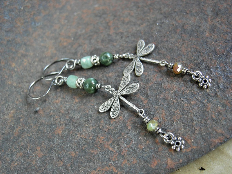 Silver dragonfly earrings with  smooth & faceted gemstone and crystal beads in shades of green, handmade sterling ear wires. 