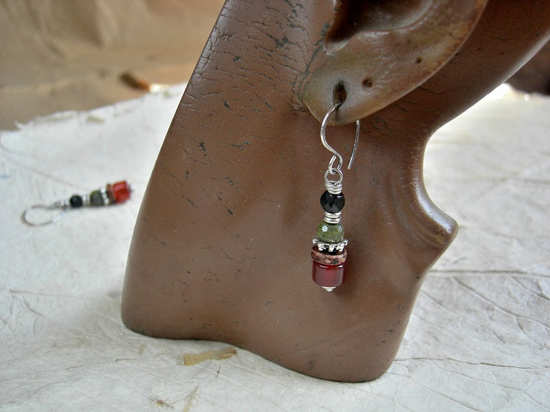 Earthy color gemstone & silver earrings with carnelian, ceramic, epidote & obsidian. Handmade sterling ear wires. 
