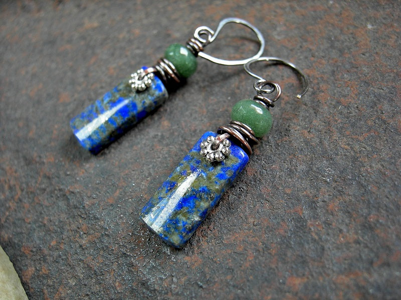 Boho luxe stone tab earrings of blue lapis,  with faceted green aventurine rondelles, silver daisy facers & oxidized copper wire wrap. 