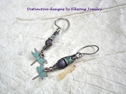 Emerald & amethyst gemstone earrings with oxidized copper wire wrap & verdigris copper dragonflies.