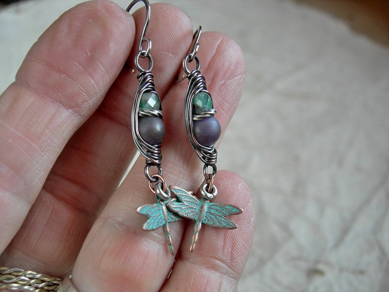 Dainty boho gemstone earrings with oxidized copper wire wrap & verdigris copper dragonflies.