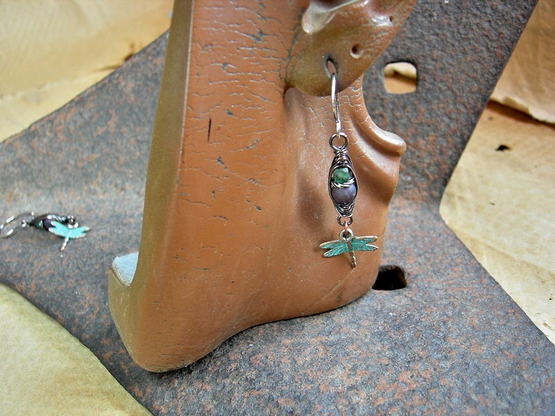 Emerald & amethyst gemstone earrings with oxidized copper wire wrap & verdigris copper dragonflies.