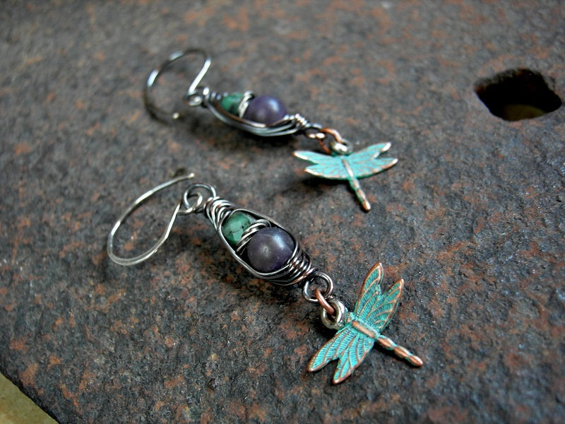 Genuine emerald & amethyst gemstone earrings with oxidized copper wire wrap & verdigris copper dragonflies.