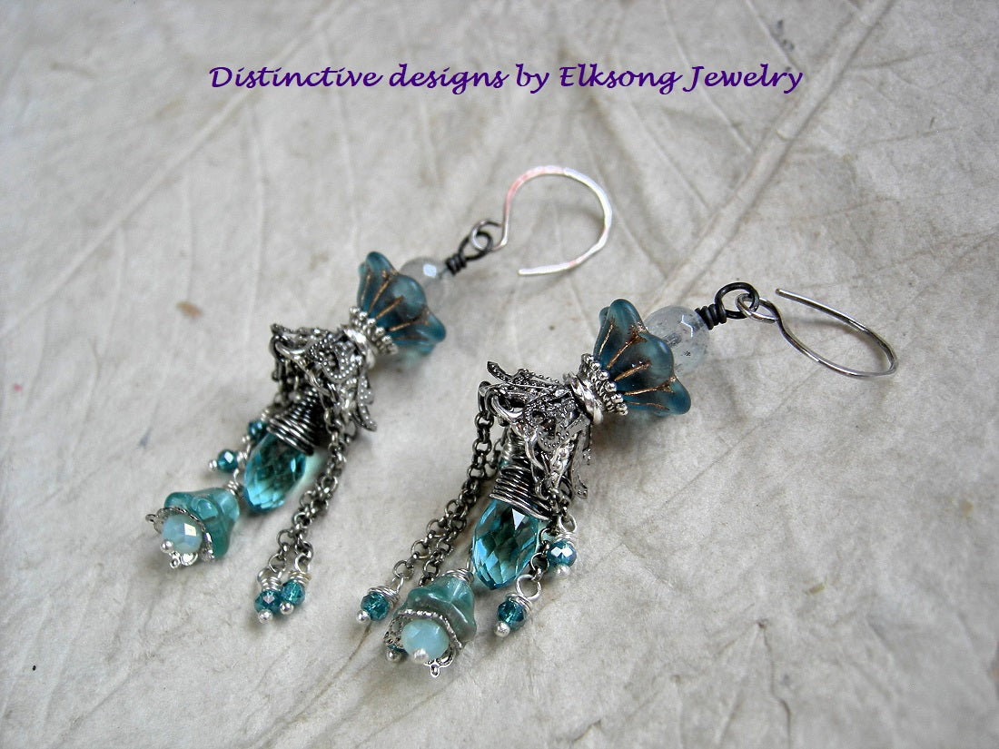 Blue Skies crystal, gemstone & flower chandelier earrings with glass flowers, faceted aquamarine & crystal rondelles & tear drops. 