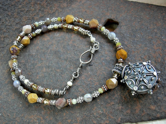 Earthy Color Unisex Necklace, Vintage Glass Feather Beads, Lava Stone
