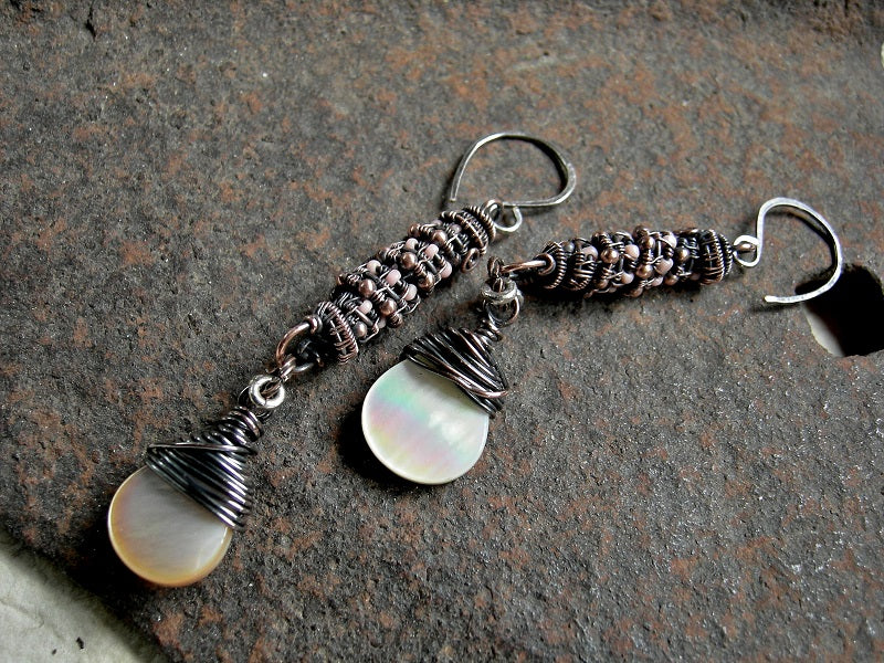 Oxidized copper wire wrap cylinder earrings with copper & glass seed beads and pink shell petal drops. 