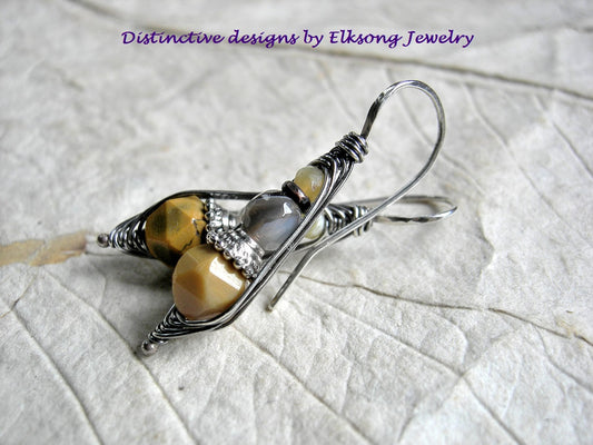 Butterscotch yellow & gray earrings, wrapped hook style, yellow mookaite & opal, oxidized sterling. 