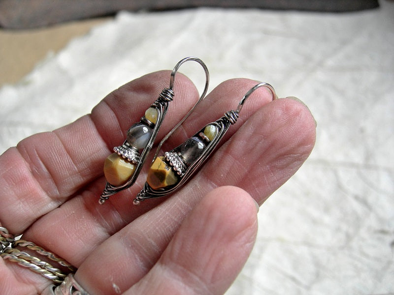 Boho luxe yellow & gray stone earrings, wrapped hook style, yellow mookaite & opal, oxidized sterling. 