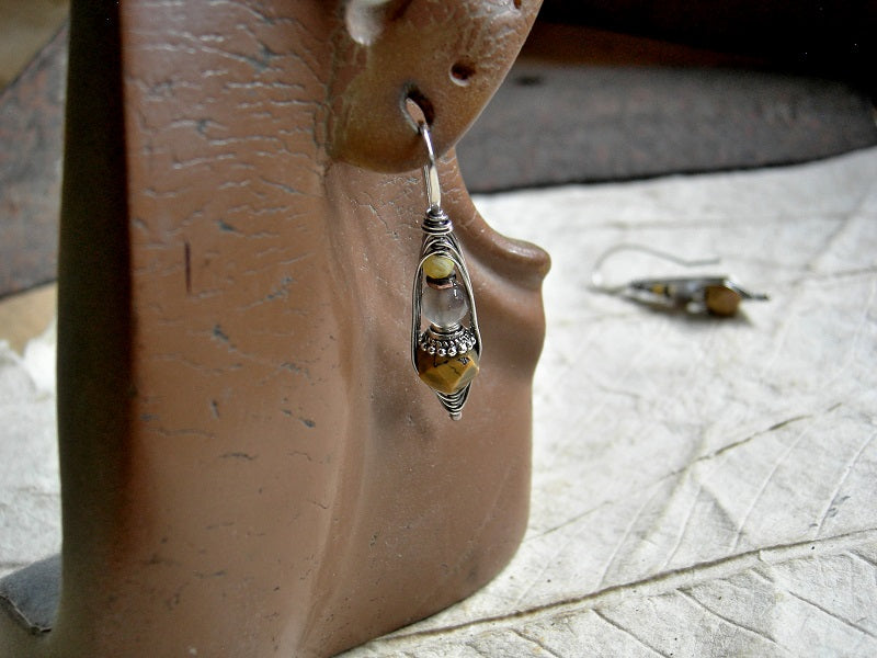 Elegant butterscotch yellow & gray earrings, wrapped hook style, yellow mookaite & opal, oxidized sterling. 