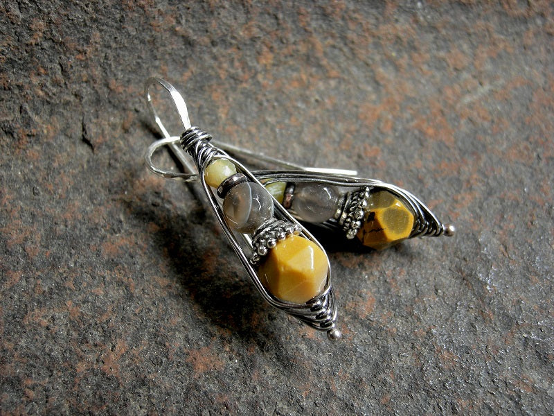 Yellow & gray gemstone earrings, wrapped hook style, yellow mookaite & opal, oxidized sterling. 