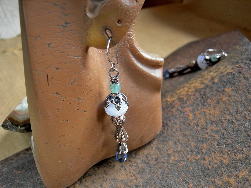 Blue Scepter earrings with gemstone, crystal tear drops & vintage Java glass beads. Antiqued copper caps & wire wrap. 