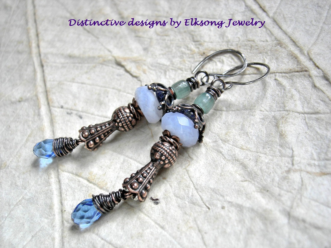 Blue Scepter earrings with gemstone, crystal & vintage glass beads, antiqued copper caps, handmade ear wires. 