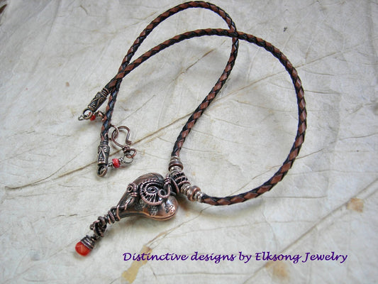 Love Knot necklace with copper Thai style heart & copper wire wrap focal, red coral & spiny oyster shell beads and leather bolo cord. 