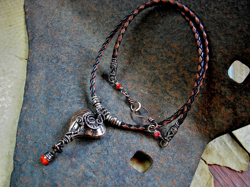 Simple boho necklace with copper Thai style heart & copper wire wrap focal, red coral & spiny oyster shell beads and leather bolo cord. 