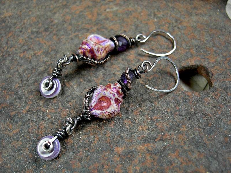 Purple Shell Earrings, Copper Wire Wrap, Faceted Amethyst