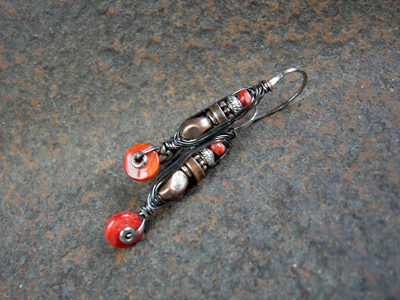 Copper wire wrapped hook style earrings with red spiny oystershell, copper & silver beads. . 