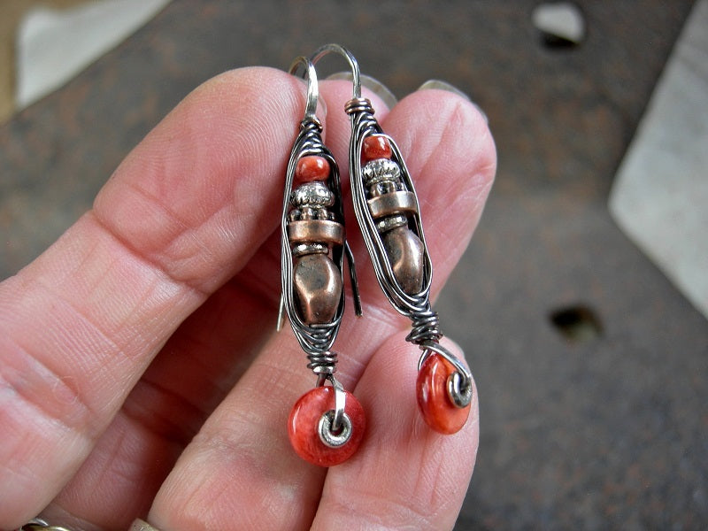 Urban boho earrings, red spiny oyster shell, copper & silver, wrapped hook style with copper wire wrap. 