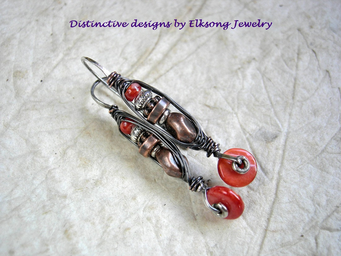 Red spiny oyster shell, copper & silver earrings, wrapped hook style with copper wire wrap. 