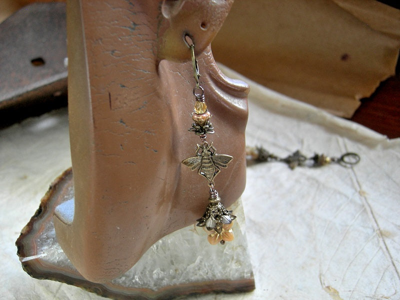 Mellow Gold earrings, late summer colors with bronze bee connectors, glass flowers & faceted beads & antiqued brass filigree caps. 