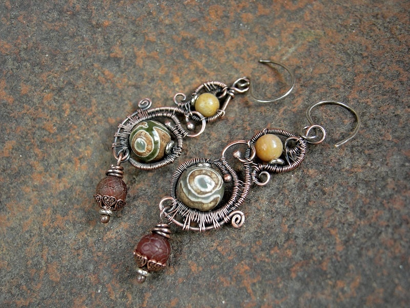 Earthy goddess paisley style earrings with copper wire wrap & russet fall color gemstone beads. 
