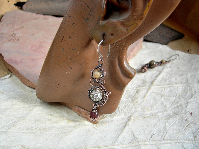 Copper wire wrap paisley style earrings with russet fall color gemstone beads. 