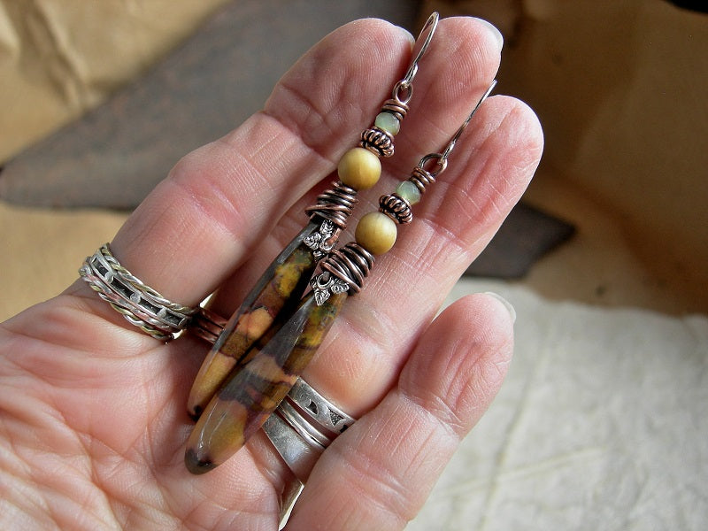 Earthy boho stone earrings in caramel & chocolate colors, jasper, tiger eye & crystal. 