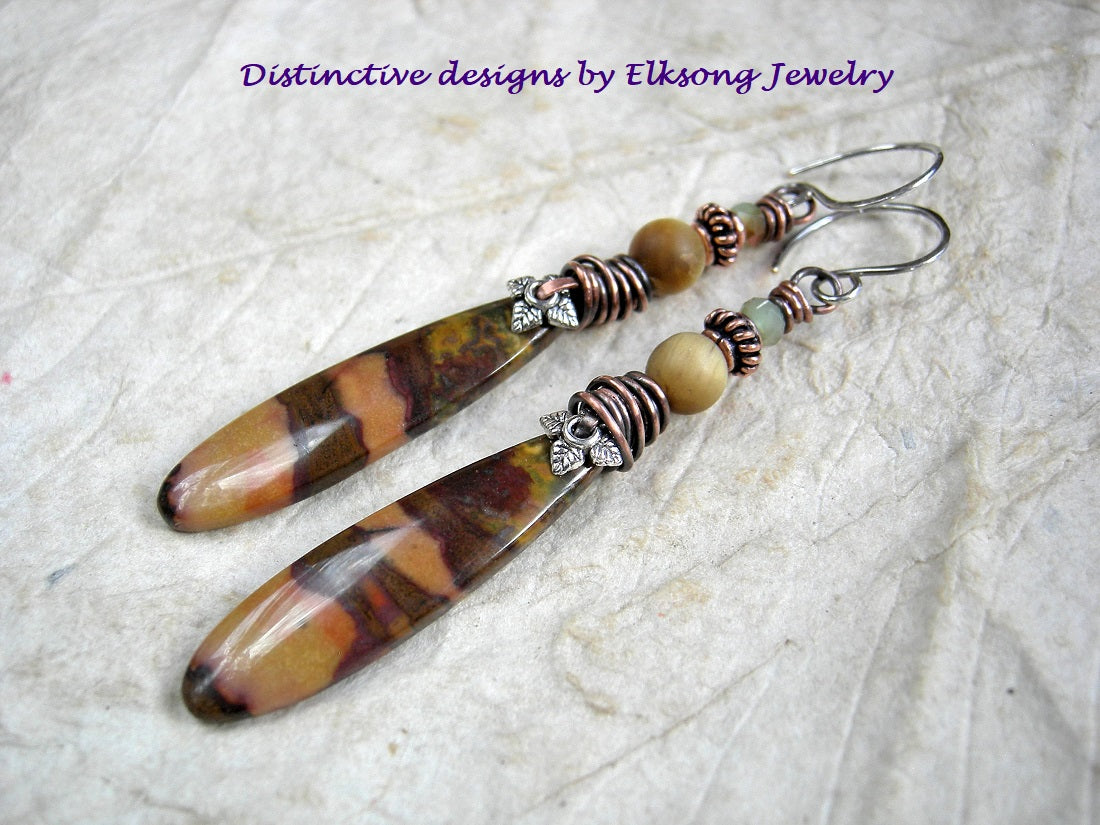 Stone drop earrings in caramel & chocolate colors, jasper, tiger eye & crystal. 
