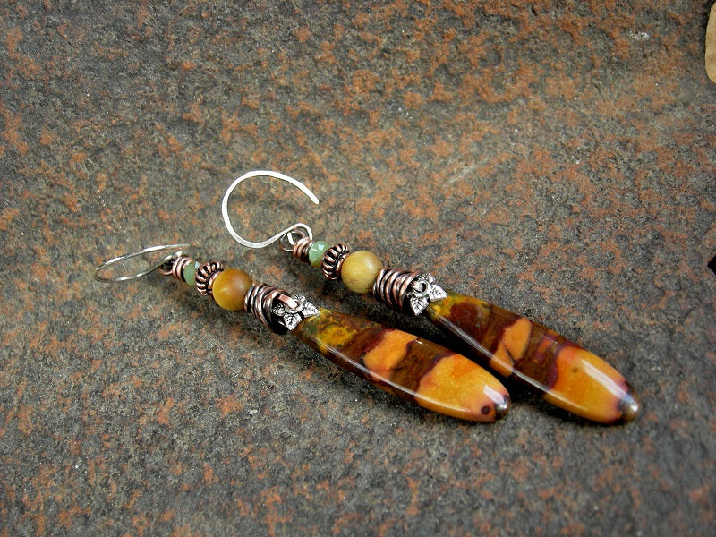 Hand cut stone tab earrings in caramel & chocolate colors, jasper, tiger eye & crystal. 