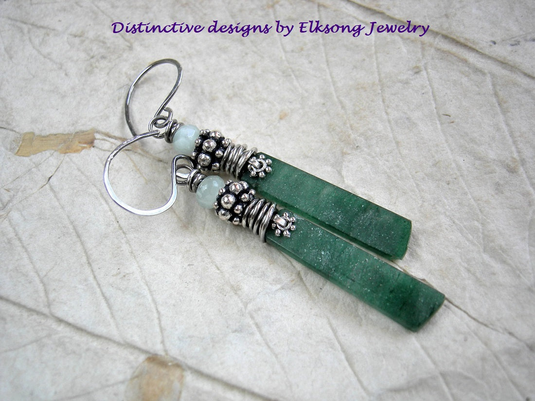 Mossy green earrings of hand cut aventurine with green moonstone, silver Bali style beads & sterling wire wrap. 