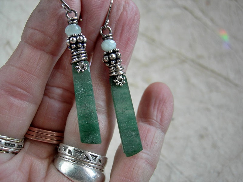 Hand cut stone tab earrings of green aventurine with green moonstone, silver Bali style beads & sterling wire wrap. 