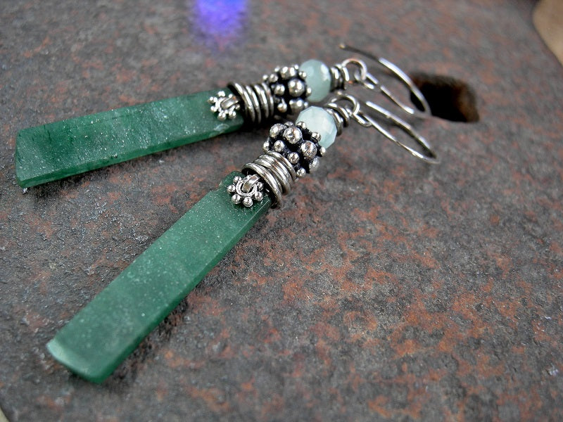 Boho luxe earrings of hand cut, deep green aventurine with green moonstone, silver Bali style beads & sterling wire wrap. 