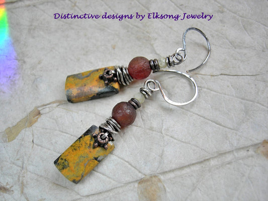 Bumblebee jasper earrings, hand cut stone tabs with carnelian, yellow opal & sterling wire wrap. 