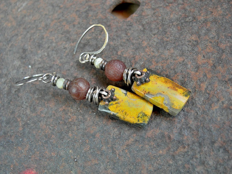 Boho luxe hand cut stone tab earrings of bumblebee jasper with carnelian, yellow opal & sterling wire wrap. 