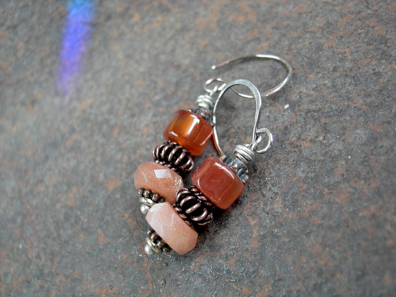 Autumn color gemstone stack earrings with carnelian, sunstone & copper. 