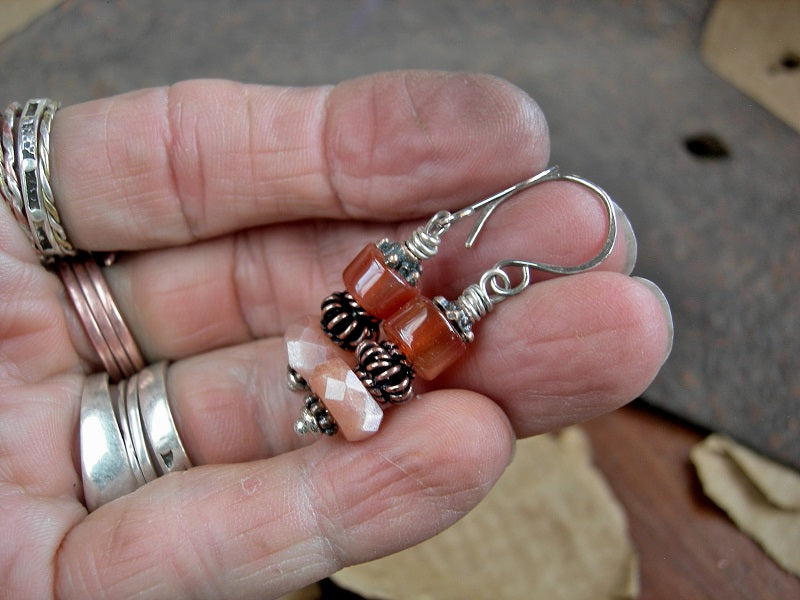 Simple boho gem stack earrings with orange gemstone & mixed copper & silver. 