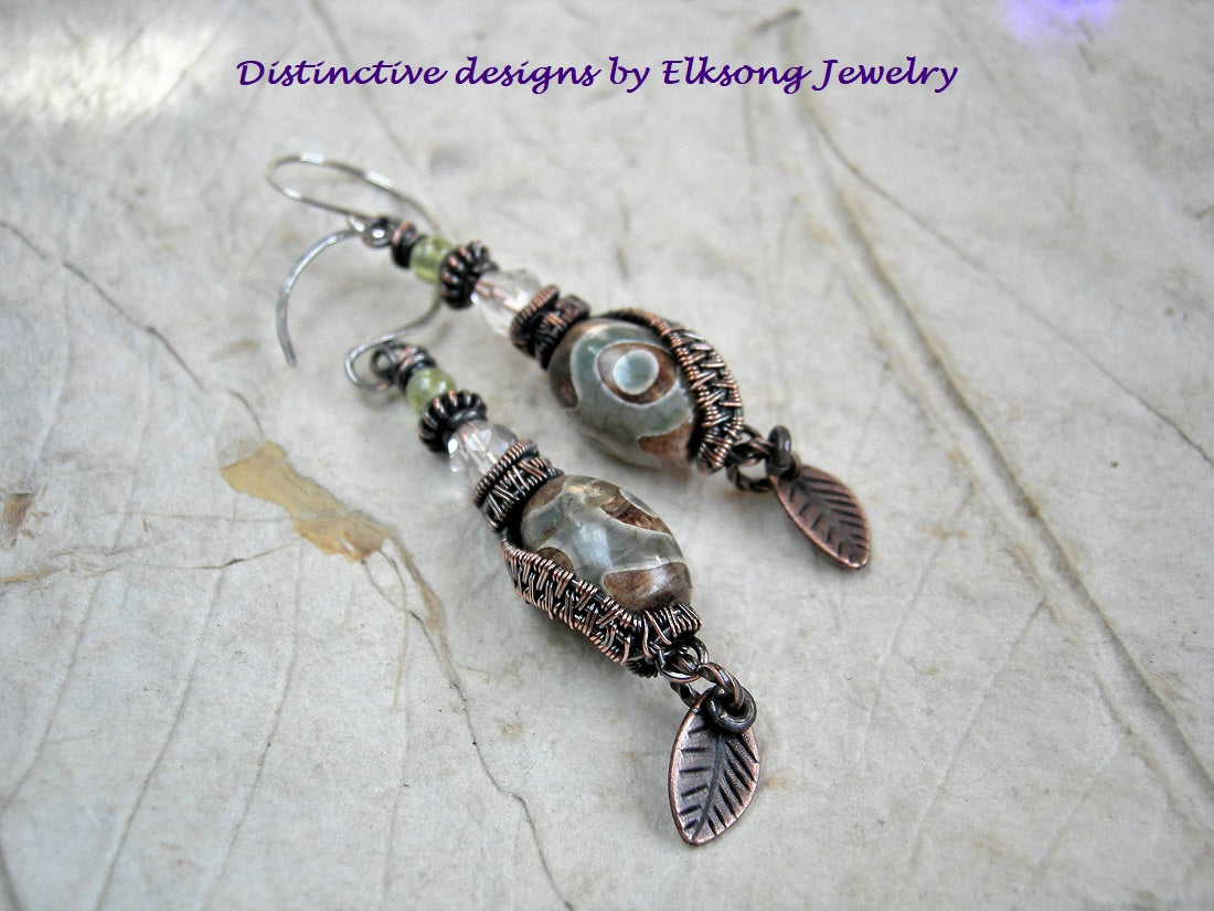 Etched agate earrings with faceted quartz crystal, peridot & copper wire wrap. 
