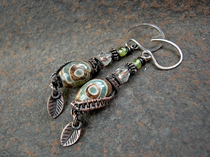 Elvish green agate earrings with faceted quartz crystal, peridot & copper wire wrap. 