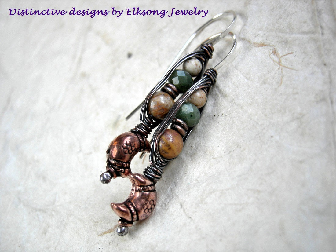 Copper crescent earrings, wrapped hook style with green jade, brown jasper & fossilized coral, copper wire wrap. 
