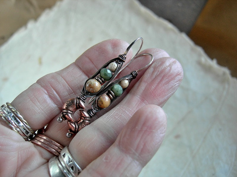 Unique copper crescent earrings, wrapped hook style with green jade, brown jasper & fossilized coral, copper wire wrap. 