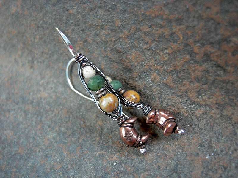 Copper wire wrapped hook earrings, with copper crescents, green jade, brown jasper & fossilized coral.