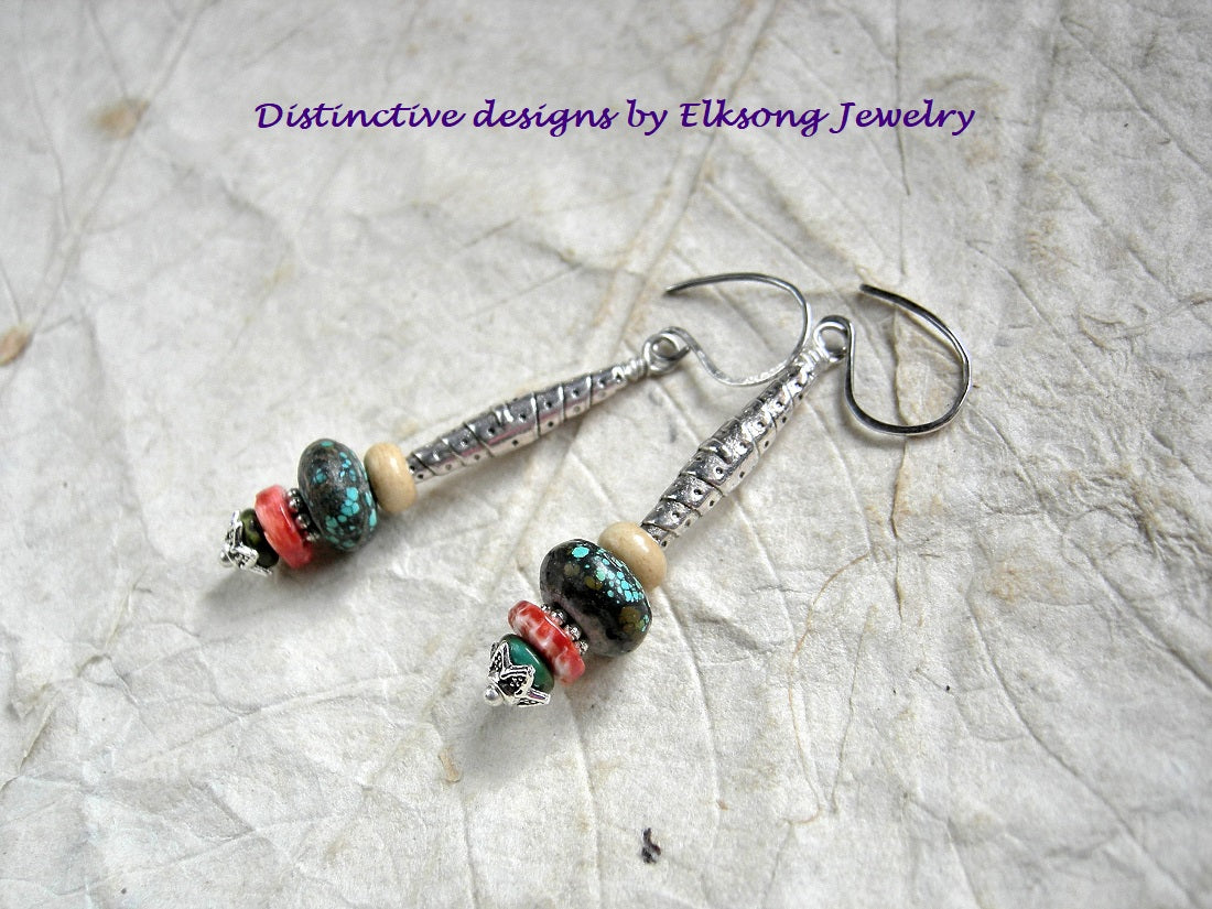 Gem & silver stack earrings with Thai style beads & caps, natural turquoise, bone & spiny oyster shell. 
